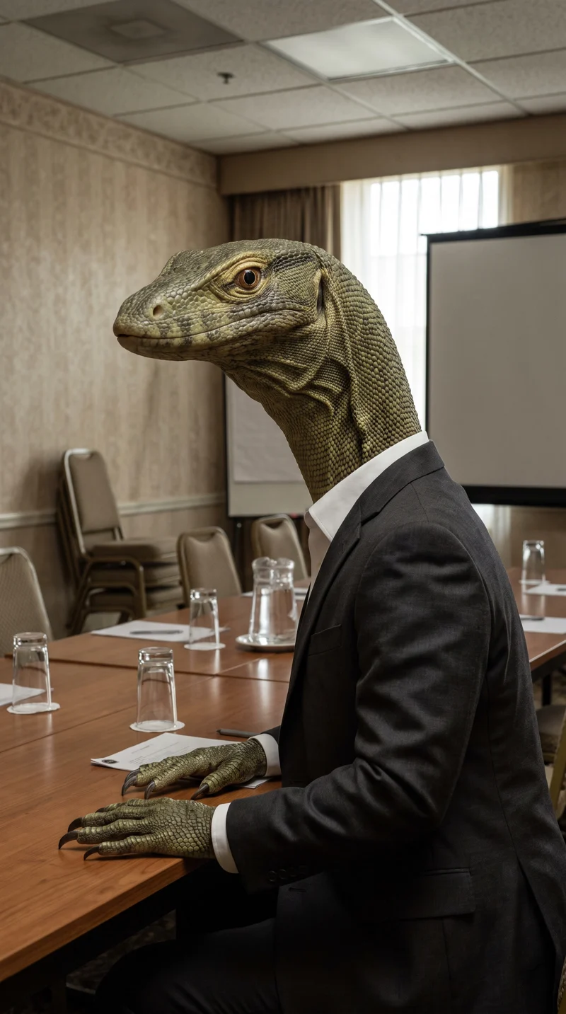 A fully reptilian executive in a dark suit, seated at a beige hotel conference table.